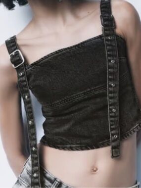 Zara Black Denim Asymmetric Strap Crop Top